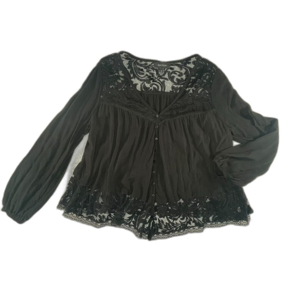 Karen Kane Black Lace Inset Peasant Blouse sz M Boho Whimsygoth Asymetrical Hem